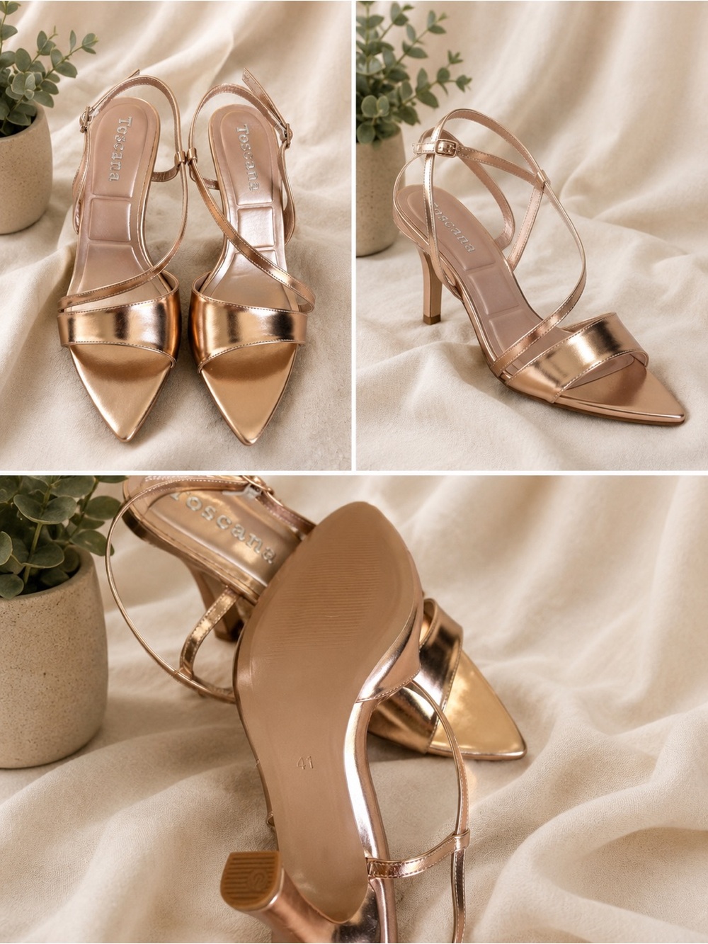 Metallic Rose Gold Pointed Toe Slingback Heels